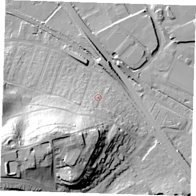 Shaded relief map of the ground around DA81BP, computed from Environment Agency LiDAR. The ground here sits at about 8 m above sea level and falls 41 m across the surrounding 800 m. Surface water reaching this point runs off ground lying to the south-south-west, 25.1 m higher.