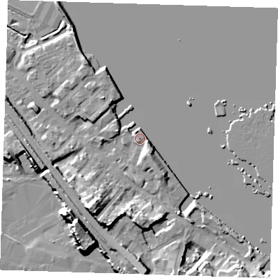 Shaded relief map of the ground around DA81BQ, computed from Environment Agency LiDAR. The ground here sits at about 5 m above sea level and falls 17 m across the surrounding 800 m. Surface water reaching this point runs off ground lying to the south-east, 5.6 m higher.
