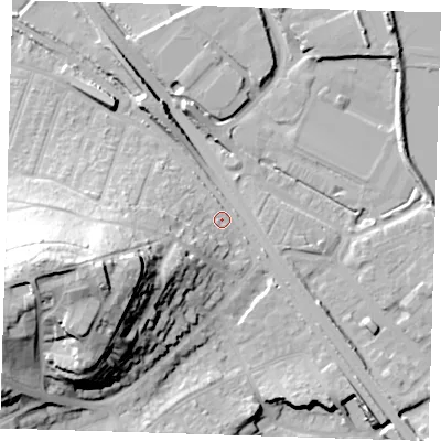 Shaded relief map of the ground around DA81BS, computed from Environment Agency LiDAR. The ground here sits at about 5 m above sea level and falls 40 m across the surrounding 800 m. Surface water reaching this point runs off ground lying to the south-west, 14.0 m higher.