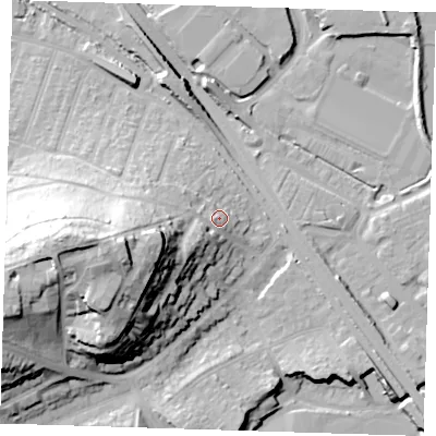 Shaded relief map of the ground around DA81BT, computed from Environment Agency LiDAR. The ground here sits at about 9 m above sea level and falls 40 m across the surrounding 800 m. Surface water reaching this point runs off ground lying to the west-south-west, 24.1 m higher.