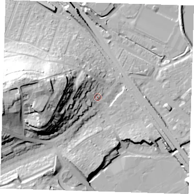 Shaded relief map of the ground around DA81BW, computed from Environment Agency LiDAR. The ground here sits at about 7 m above sea level and falls 40 m across the surrounding 800 m. Surface water reaching this point runs off ground lying to the west-north-west, 22.4 m higher.