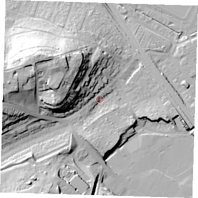 Shaded relief map of the ground around DA81BY, computed from Environment Agency LiDAR. The ground here sits at about 7 m above sea level and falls 39 m across the surrounding 800 m. Surface water reaching this point runs off ground lying to the west, 27.6 m higher.