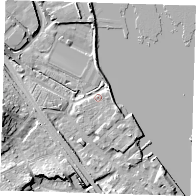 Shaded relief map of the ground around DA81DD, computed from Environment Agency LiDAR. The ground here sits at about 5 m above sea level and falls 12 m across the surrounding 800 m. Surface water reaching this point runs off ground lying to the east-south-east, 3.8 m higher.