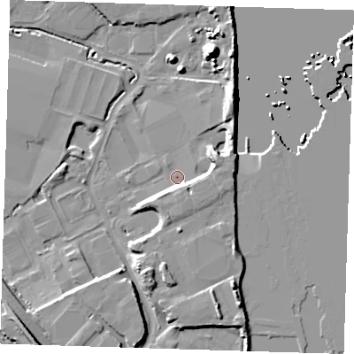 Shaded relief map of the ground around DA81DE, computed from Environment Agency LiDAR. The ground here sits at about 2 m above sea level and falls 15 m across the surrounding 800 m. Surface water reaching this point runs off ground lying to the south, 4.6 m higher.