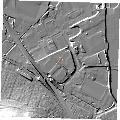 Shaded relief map of the ground around DA81DG, computed from Environment Agency LiDAR. The ground here sits at about 5 m above sea level and falls 33 m across the surrounding 800 m. Surface water reaching this point runs off ground lying to the south-south-west, 1.2 m higher.