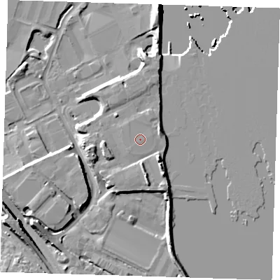 Shaded relief map of the ground around DA81DL, computed from Environment Agency LiDAR. The ground here sits at about 5 m above sea level and falls 10 m across the surrounding 800 m. The ground contributing surface water to this point lies to the south-west.