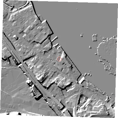 Shaded relief map of the ground around DA81DQ, computed from Environment Agency LiDAR. The ground here sits at about 5 m above sea level and falls 23 m across the surrounding 800 m. Surface water reaching this point runs off ground lying to the east-south-east, 3.3 m higher.