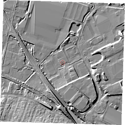 Shaded relief map of the ground around DA81EW, computed from Environment Agency LiDAR. The ground here sits at about 1 m above sea level and falls 12 m across the surrounding 800 m. Surface water reaching this point runs off ground lying to the south, 4.8 m higher.