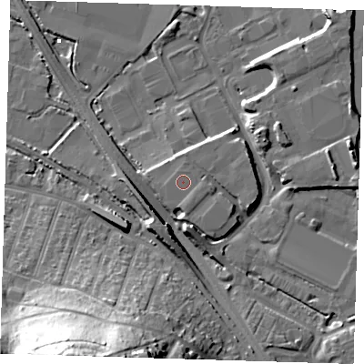 Shaded relief map of the ground around DA81EX, computed from Environment Agency LiDAR. The ground here sits at about 5 m above sea level and falls 40 m across the surrounding 800 m. The ground contributing surface water to this point lies to the west.