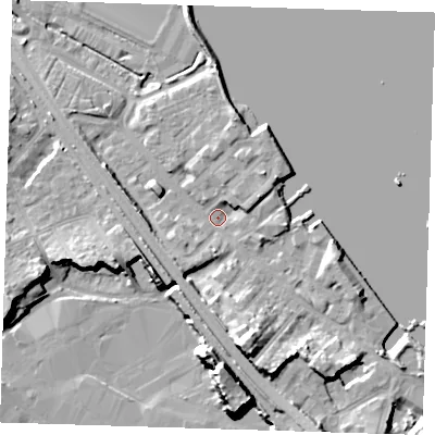 Shaded relief map of the ground around DA81FA, computed from Environment Agency LiDAR. The ground here sits at about 4 m above sea level and falls 17 m across the surrounding 800 m. Surface water reaching this point runs off ground lying to the south, 12.0 m higher.