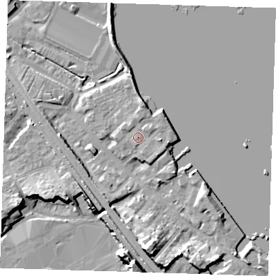 Shaded relief map of the ground around DA81LL, computed from Environment Agency LiDAR. The ground here sits at about 6 m above sea level and falls 17 m across the surrounding 800 m. Surface water reaching this point runs off ground lying to the south-east, 1.6 m higher.