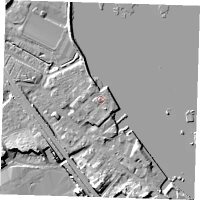 Shaded relief map of the ground around DA81LN, computed from Environment Agency LiDAR. The ground here sits at about 6 m above sea level and falls 15 m across the surrounding 800 m. Surface water reaching this point runs off ground lying to the south, 1.8 m higher.