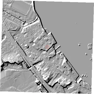 Shaded relief map of the ground around DA81LW, computed from Environment Agency LiDAR. The ground here sits at about 6 m above sea level and falls 17 m across the surrounding 800 m. Surface water reaching this point runs off ground lying to the east-south-east, 1.5 m higher.