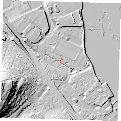 Shaded relief map of the ground around DA81NP, computed from Environment Agency LiDAR. The ground here sits at about 3 m above sea level and falls 37 m across the surrounding 800 m. Surface water reaching this point runs off ground lying to the south-south-east, 6.6 m higher.