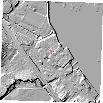 Shaded relief map of the ground around DA81NS, computed from Environment Agency LiDAR. The ground here sits at about 5 m above sea level and falls 14 m across the surrounding 800 m. Surface water reaching this point runs off ground lying to the north-east, 2.3 m higher.