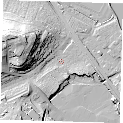 Shaded relief map of the ground around DA81PA, computed from Environment Agency LiDAR. The ground here sits at about 5 m above sea level and falls 39 m across the surrounding 800 m. Surface water reaching this point runs off ground lying to the south-south-west, 10.3 m higher.