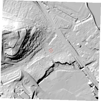 Shaded relief map of the ground around DA81PB, computed from Environment Agency LiDAR. The ground here sits at about 5 m above sea level and falls 40 m across the surrounding 800 m. Surface water reaching this point runs off ground lying to the south-west, 10.3 m higher.