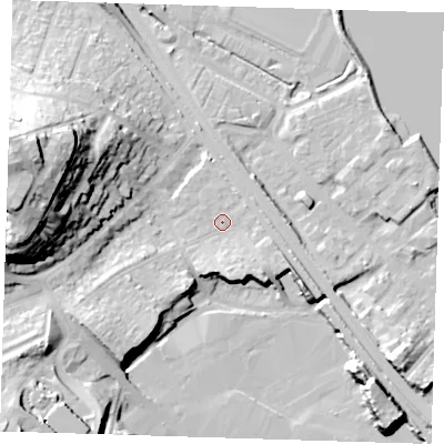Shaded relief map of the ground around DA81PD, computed from Environment Agency LiDAR. The ground here sits at about 5 m above sea level and falls 37 m across the surrounding 800 m. Surface water reaching this point runs off ground lying to the south-east, 6.3 m higher.