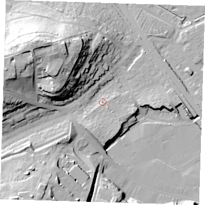 Shaded relief map of the ground around DA81PG, computed from Environment Agency LiDAR. The ground here sits at about 8 m above sea level and falls 39 m across the surrounding 800 m. Surface water reaching this point runs off ground lying to the west, 25.2 m higher.