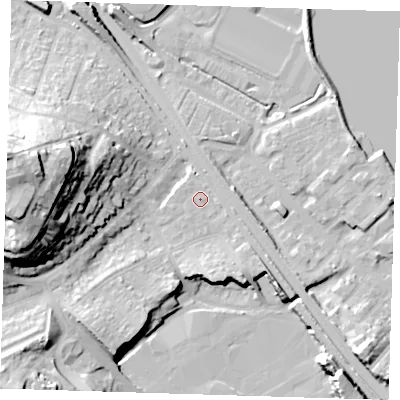 Shaded relief map of the ground around DA81PN, computed from Environment Agency LiDAR. The ground here sits at about 5 m above sea level and falls 39 m across the surrounding 800 m. Surface water reaching this point runs off ground lying to the south-east, 6.3 m higher.