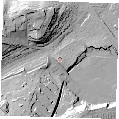 Shaded relief map of the ground around DA81PP, computed from Environment Agency LiDAR. The ground here sits at about 14 m above sea level and falls 39 m across the surrounding 800 m. Surface water reaching this point runs off ground lying to the south, 2.6 m higher.