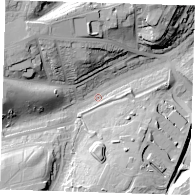 Shaded relief map of the ground around DA81PY, computed from Environment Agency LiDAR. The ground here sits at about 15 m above sea level and falls 41 m across the surrounding 800 m. Surface water reaching this point runs off ground lying to the west, 27.9 m higher.
