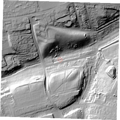 Shaded relief map of the ground around DA81QE, computed from Environment Agency LiDAR. The ground here sits at about 22 m above sea level and falls 37 m across the surrounding 800 m. Surface water reaching this point runs off ground lying to the north-west, 27.6 m higher.