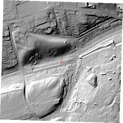 Shaded relief map of the ground around DA81QF, computed from Environment Agency LiDAR. The ground here sits at about 20 m above sea level and falls 39 m across the surrounding 800 m. Surface water reaching this point runs off ground lying to the west-north-west, 29.0 m higher.