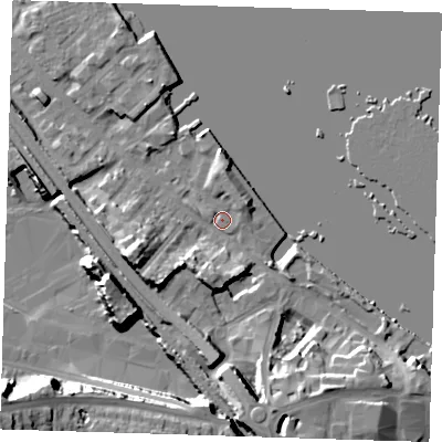 Shaded relief map of the ground around DA81SD, computed from Environment Agency LiDAR. The ground here sits at about 5 m above sea level and falls 27 m across the surrounding 800 m. Surface water reaching this point runs off ground lying to the south, 14.0 m higher.