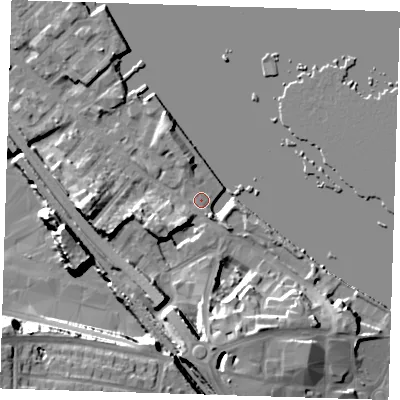 Shaded relief map of the ground around DA81SF, computed from Environment Agency LiDAR. The ground here sits at about 5 m above sea level and falls 23 m across the surrounding 800 m. Surface water reaching this point runs off ground lying to the south, 14.0 m higher.