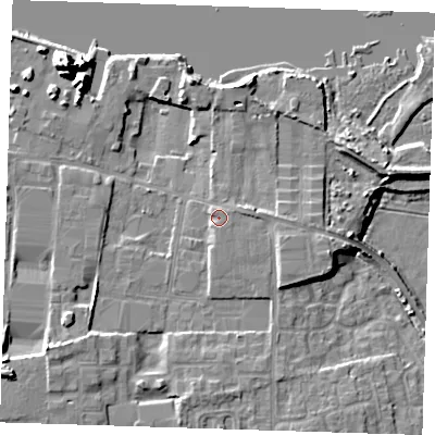 Shaded relief map of the ground around DA82AD, computed from Environment Agency LiDAR. The ground here sits at about 6 m above sea level and falls 15 m across the surrounding 800 m. Surface water reaching this point runs off ground lying to the south, 1.6 m higher.