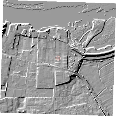 Shaded relief map of the ground around DA82AJ, computed from Environment Agency LiDAR. The ground here sits at about 6 m above sea level and falls 15 m across the surrounding 800 m. Surface water reaching this point runs off ground lying to the south, 2.3 m higher.