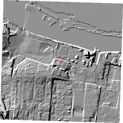 Shaded relief map of the ground around DA82AP, computed from Environment Agency LiDAR. The ground here sits at about 7 m above sea level and falls 13 m across the surrounding 800 m. Surface water reaching this point runs off ground lying to the south-west, 4.4 m higher.