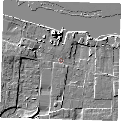 Shaded relief map of the ground around DA82AW, computed from Environment Agency LiDAR. The ground here sits at about 5 m above sea level and falls 13 m across the surrounding 800 m. Surface water reaching this point runs off ground lying to the south-south-west, 7.3 m higher.