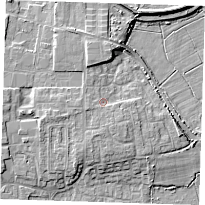 Shaded relief map of the ground around DA82HD, computed from Environment Agency LiDAR. The ground here sits at about 6 m above sea level and falls 8 m across the surrounding 800 m. Surface water reaching this point runs off ground lying to the south-south-west, 2.6 m higher.