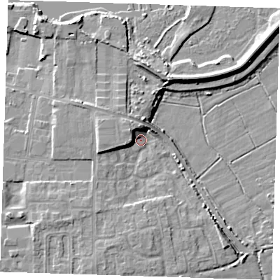 Shaded relief map of the ground around DA82HF, computed from Environment Agency LiDAR. The ground here sits at about 3 m above sea level and falls 8 m across the surrounding 800 m. Surface water reaching this point runs off ground lying to the north-west, 7.3 m higher.