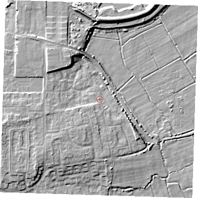 Shaded relief map of the ground around DA82HG, computed from Environment Agency LiDAR. The ground here sits at about 3 m above sea level and falls 8 m across the surrounding 800 m. Surface water reaching this point runs off ground lying to the south-west, 4.8 m higher.