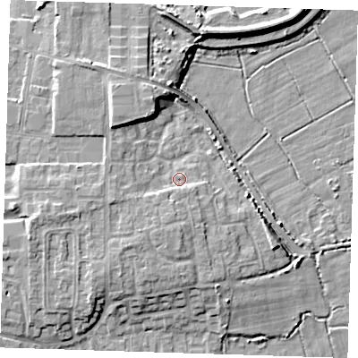 Shaded relief map of the ground around DA82HQ, computed from Environment Agency LiDAR. The ground here sits at about 4 m above sea level and falls 8 m across the surrounding 800 m. Surface water reaching this point runs off ground lying to the south-south-west, 3.5 m higher.