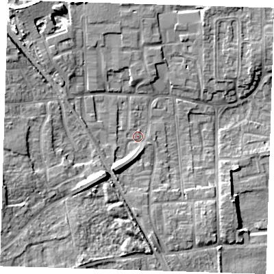 Shaded relief map of the ground around DA82HS, computed from Environment Agency LiDAR. The ground here sits at about 5 m above sea level and falls 12 m across the surrounding 800 m. Surface water reaching this point runs off ground lying to the south-south-west, 8.3 m higher.
