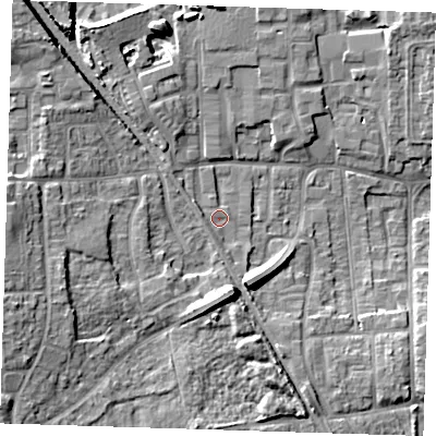 Shaded relief map of the ground around DA82HU, computed from Environment Agency LiDAR. The ground here sits at about 6 m above sea level and falls 13 m across the surrounding 800 m. Surface water reaching this point runs off ground lying to the west-south-west, 1.3 m higher.