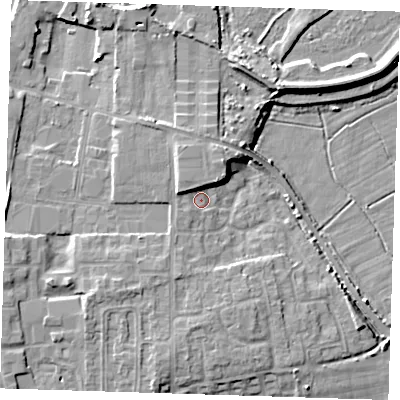 Shaded relief map of the ground around DA82HW, computed from Environment Agency LiDAR. The ground here sits at about 5 m above sea level and falls 8 m across the surrounding 800 m. Surface water reaching this point runs off ground lying to the north-north-west, 4.7 m higher.
