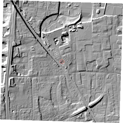 Shaded relief map of the ground around DA82HX, computed from Environment Agency LiDAR. The ground here sits at about 8 m above sea level and falls 17 m across the surrounding 800 m. Surface water reaching this point runs off ground lying to the west-south-west, 12.6 m higher.