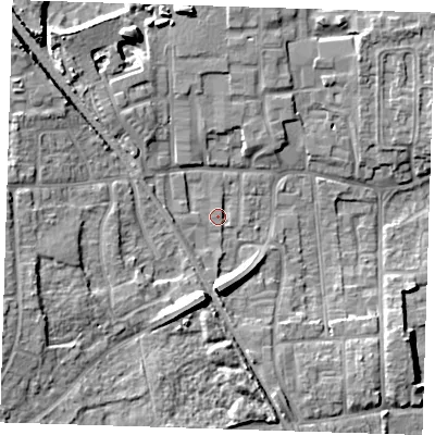 Shaded relief map of the ground around DA82HY, computed from Environment Agency LiDAR. The ground here sits at about 6 m above sea level and falls 12 m across the surrounding 800 m. Surface water reaching this point runs off ground lying to the south, 8.3 m higher.