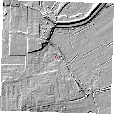 Shaded relief map of the ground around DA82HZ, computed from Environment Agency LiDAR. The ground here sits at about 2 m above sea level and falls 8 m across the surrounding 800 m. Surface water reaching this point runs off ground lying to the north-west, 7.4 m higher.