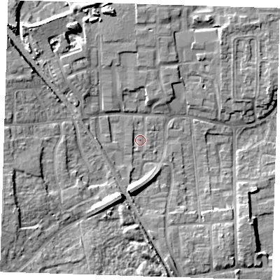 Shaded relief map of the ground around DA82JB, computed from Environment Agency LiDAR. The ground here sits at about 5 m above sea level and falls 12 m across the surrounding 800 m. Surface water reaching this point runs off ground lying to the south-south-west, 8.3 m higher.