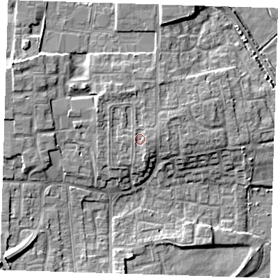 Shaded relief map of the ground around DA82JD, computed from Environment Agency LiDAR. The ground here sits at about 6 m above sea level and falls 12 m across the surrounding 800 m. Surface water reaching this point runs off ground lying to the east-south-east, 1.0 m higher.