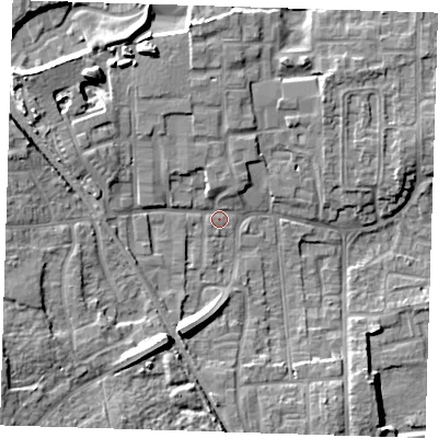 Shaded relief map of the ground around DA82JE, computed from Environment Agency LiDAR. The ground here sits at about 5 m above sea level and falls 12 m across the surrounding 800 m. Surface water reaching this point runs off ground lying to the south-south-west, 8.7 m higher.