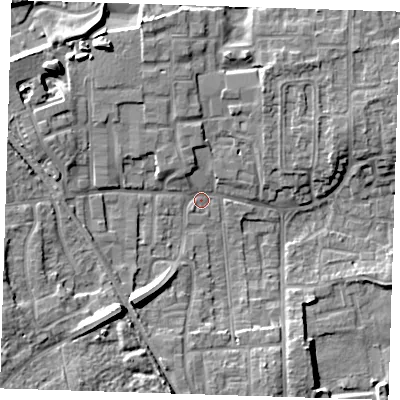Shaded relief map of the ground around DA82JF, computed from Environment Agency LiDAR. The ground here sits at about 4 m above sea level and falls 12 m across the surrounding 800 m. Surface water reaching this point runs off ground lying to the south-west, 9.1 m higher.