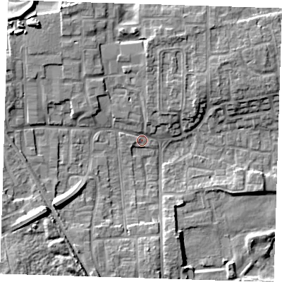 Shaded relief map of the ground around DA82JG, computed from Environment Agency LiDAR. The ground here sits at about 4 m above sea level and falls 12 m across the surrounding 800 m. Surface water reaching this point runs off ground lying to the north, 4.3 m higher.