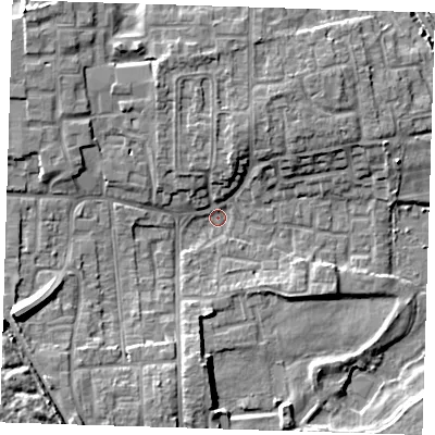 Shaded relief map of the ground around DA82JQ, computed from Environment Agency LiDAR. The ground here sits at about 2 m above sea level and falls 12 m across the surrounding 800 m. Surface water reaching this point runs off ground lying to the west-south-west, 11.2 m higher.